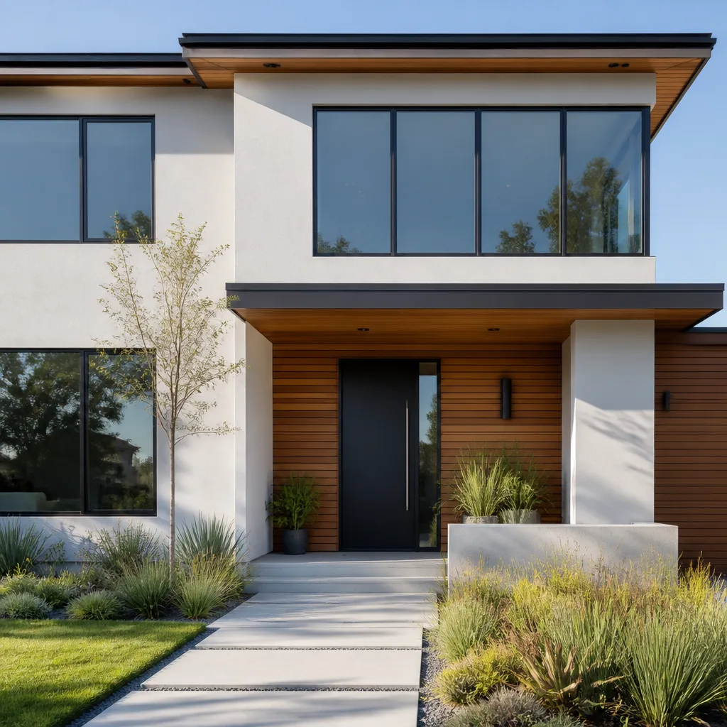 Modern home exterior featuring a sleek new dark front entry door. in West Covina, CA