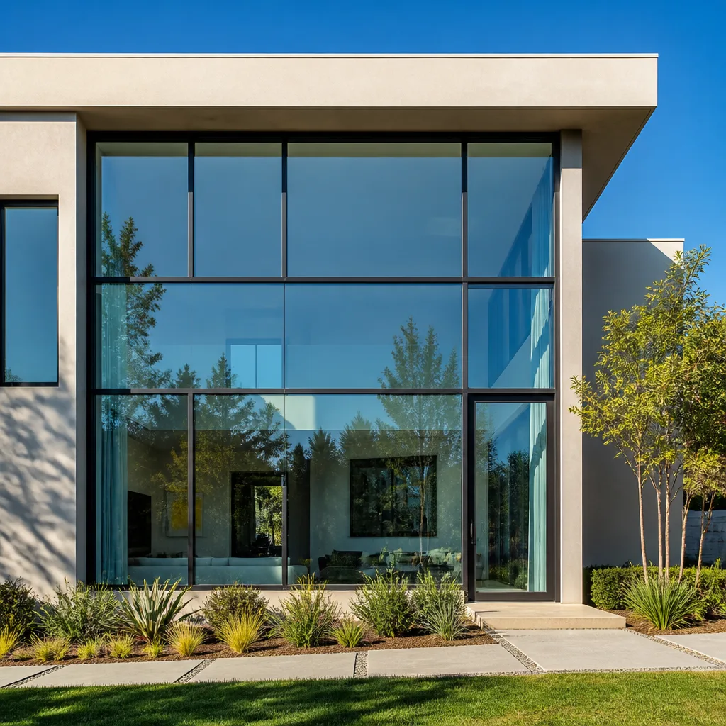 Modern home exterior with large glass windows and entry door in West Covina, CA